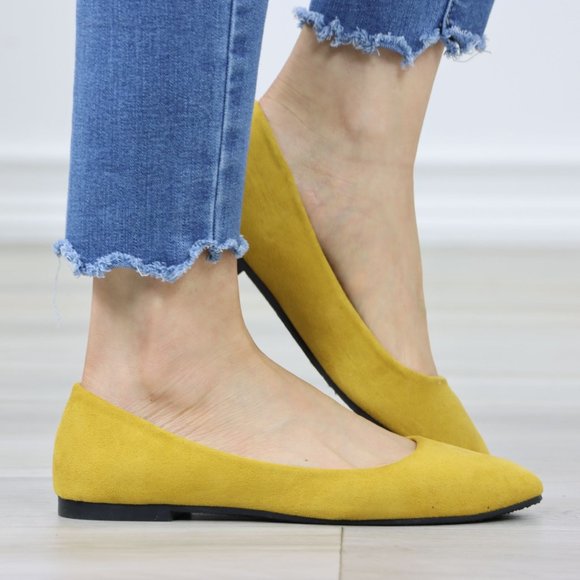 Mustard Yellow Faux Suede Wide Pointy Toe Slip On Flat Shoes - Picture 3 of 12